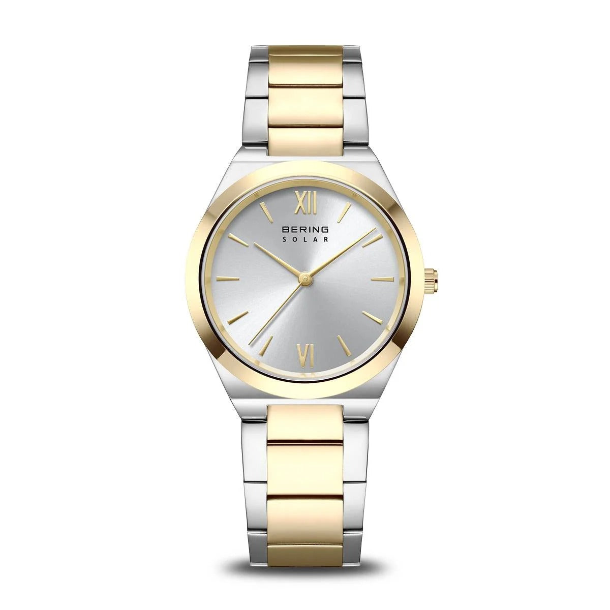Orologio da donna Bering bicolore con cassa argentata e cinturino in acciaio dorato e argentato.