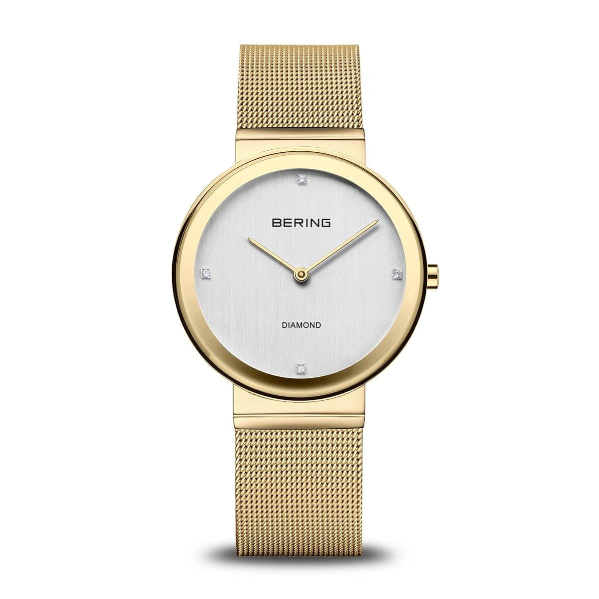 Orologio da donna Bering con cassa dorata, quadrante argentato e cinturino a maglia rolò.