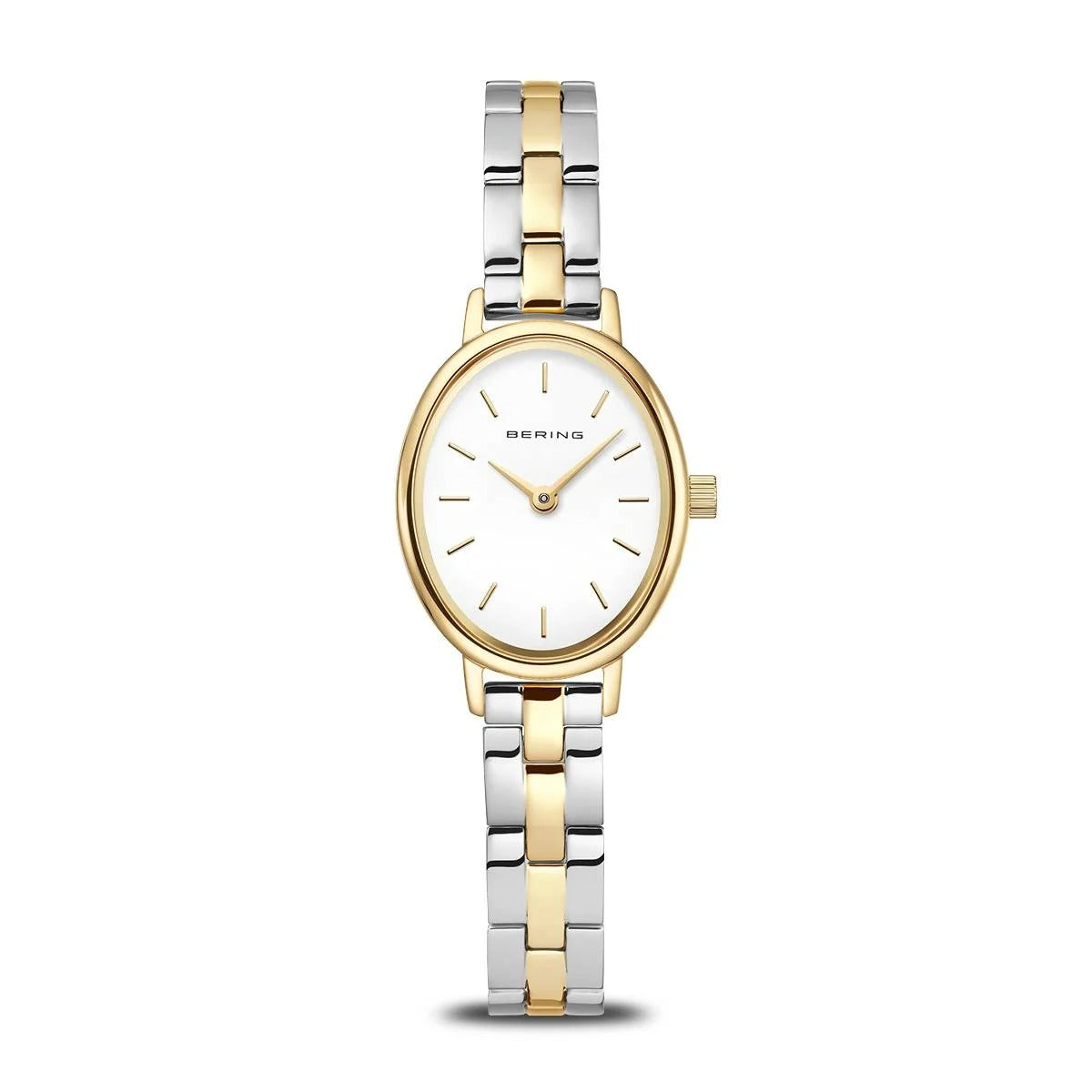 Orologio ovalo con cassa dorata e cinturino bicolore in acciaio inox.