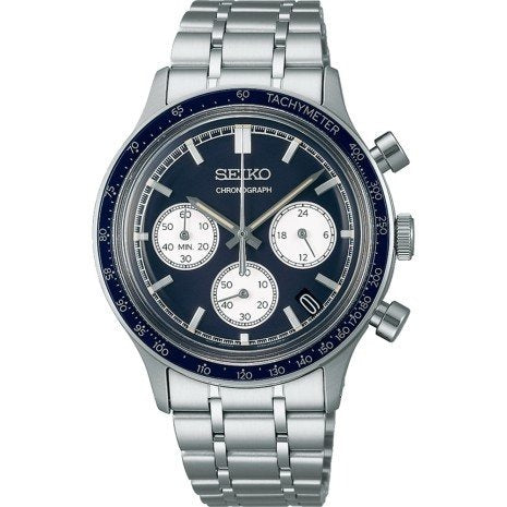Orologio Seiko SSB477P1 con cassa in acciaio inox, quadrante blu e bracciale a maglia rolò.