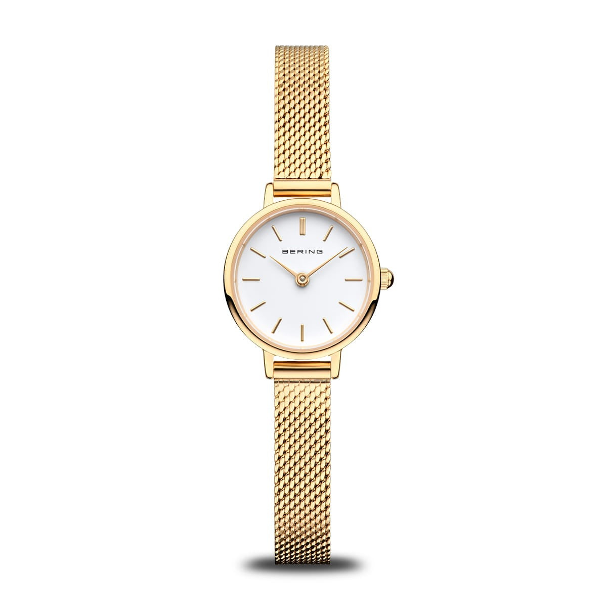 Orologio con cassa dorata, quadrante bianco e cinturino in maglia rolò dorata.