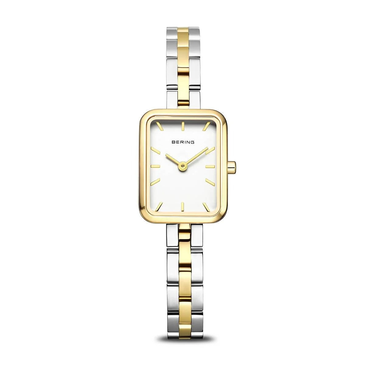 Orologio da donna Bering con cassa rettangolare dorata e cinturino in acciaio bicolore.
