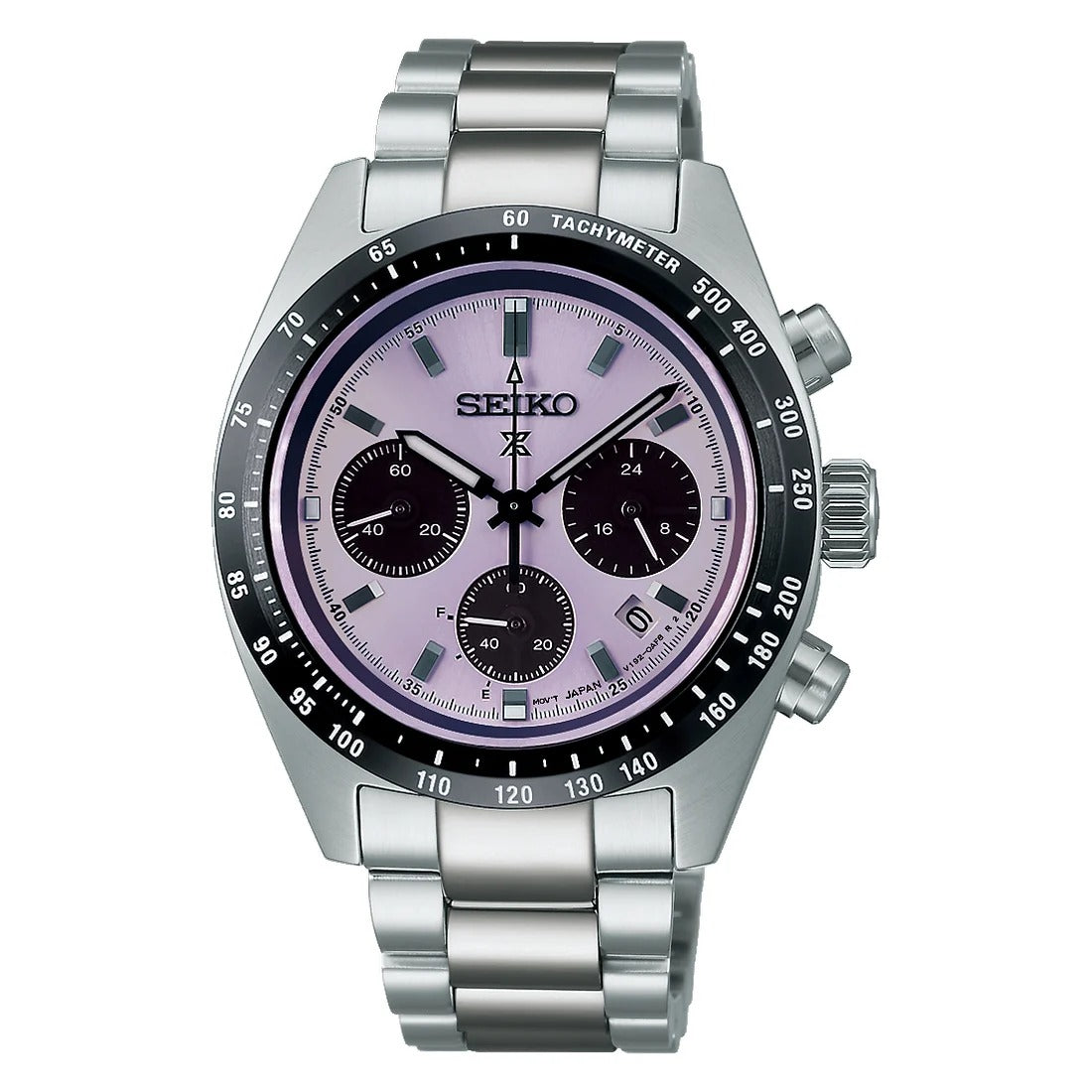 Orologio da uomo Seiko Prospex SSC955P1 Limited Edition con cassa argentata, quadrante viola e bracciale in acciaio.