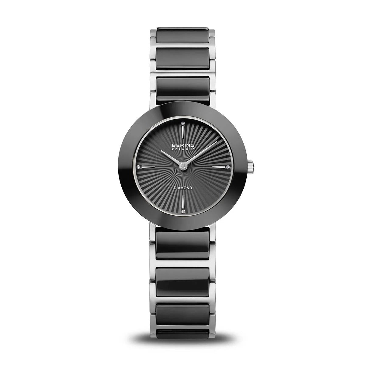 Orologio da donna con quadrante nero, cassa rotonda in acciaio e bracciale in maglia rolò.