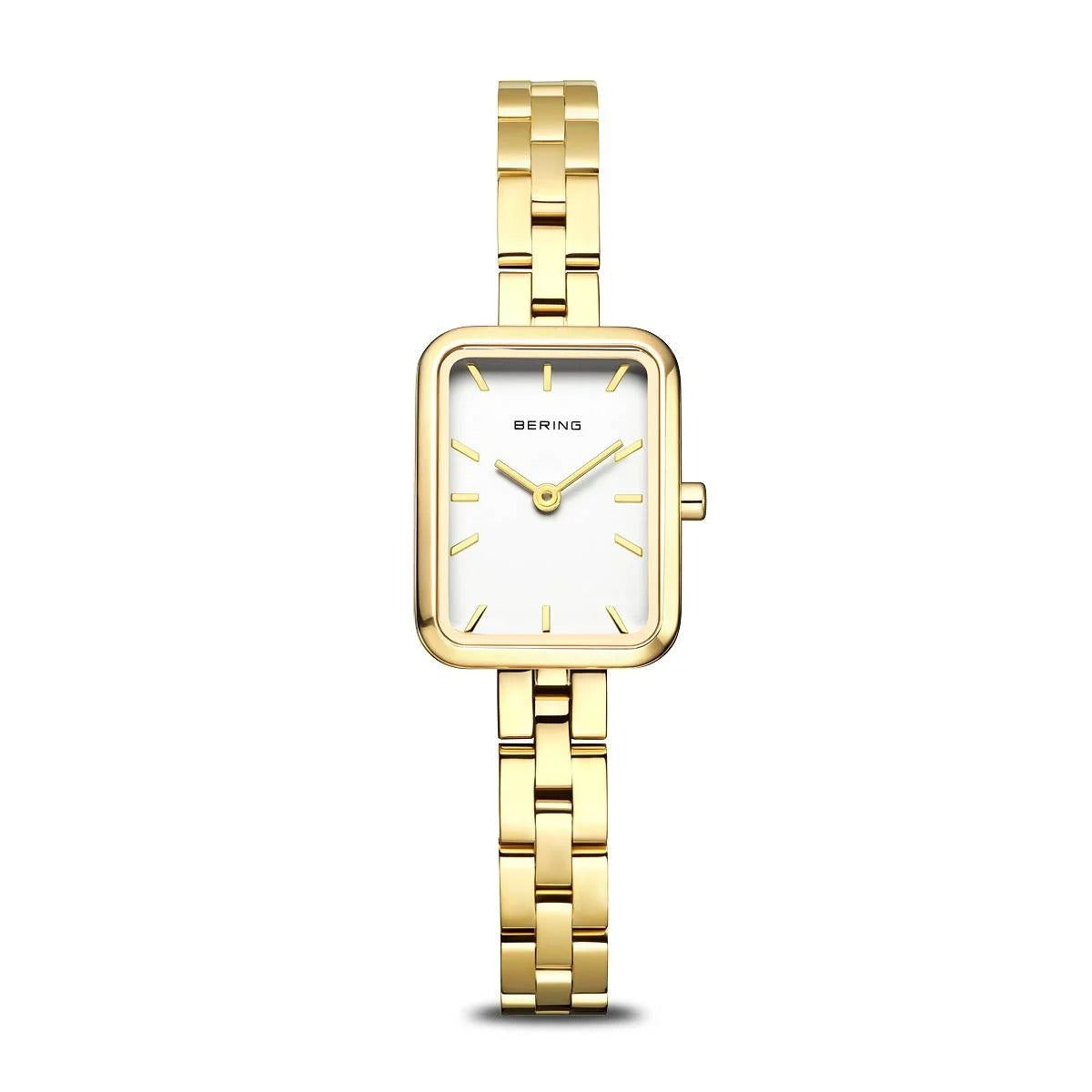 Orologio da donna Bering con quadrante bianco e cassa rettangolare dorata.