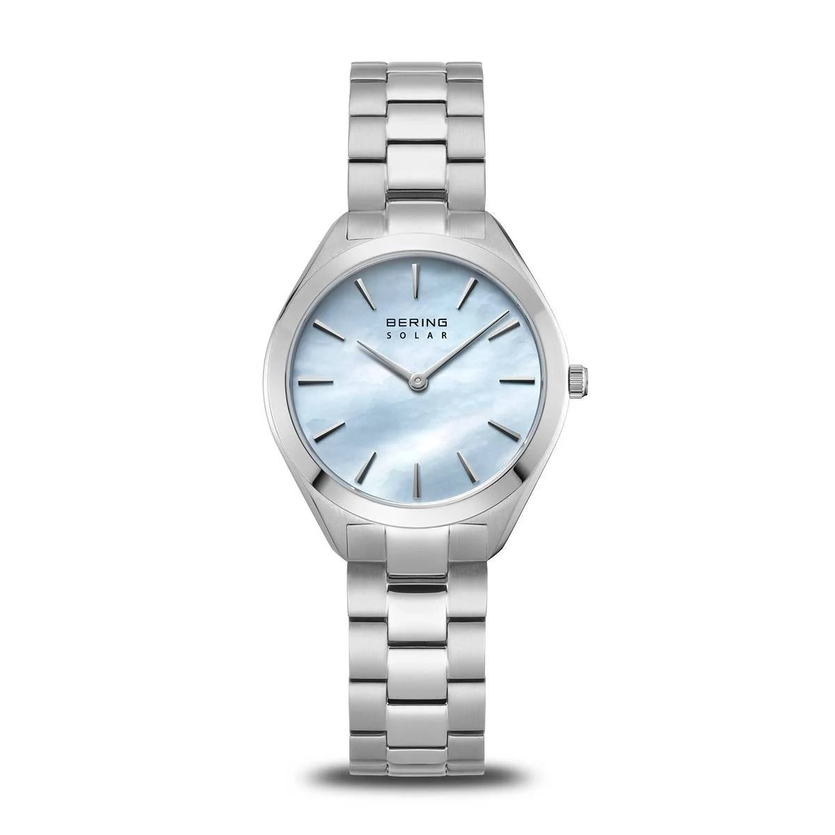 Orologio da donna Bering con cassa argentata e quadrante blu chiaro, cinturino in acciaio inox.