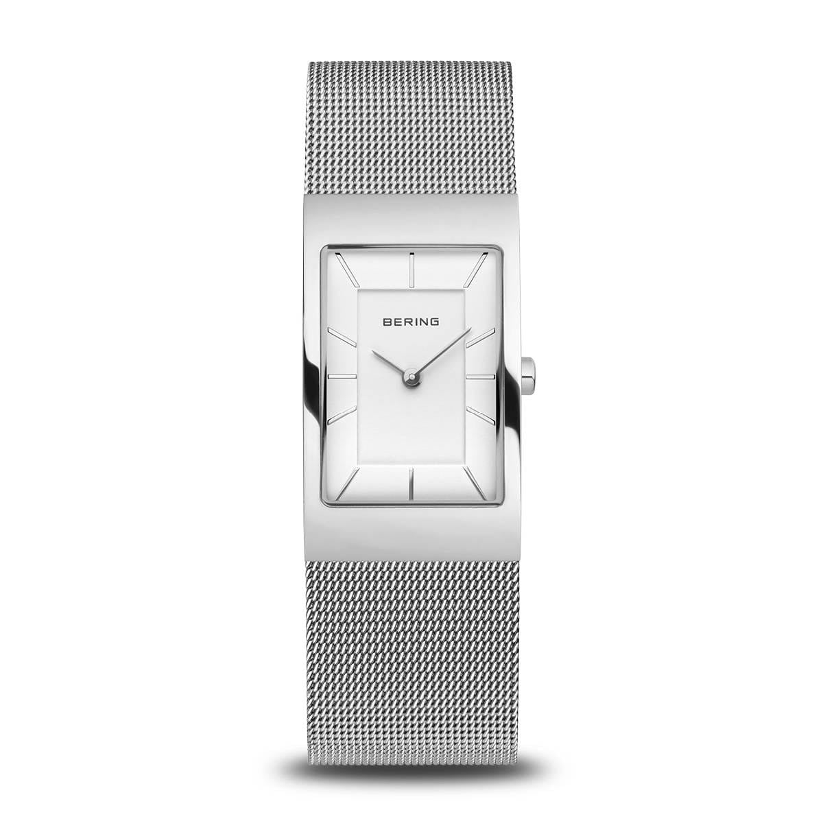 Orologio da donna con quadrante bianco e cassa rettangolare, cinturino in maglia rolò argentata.