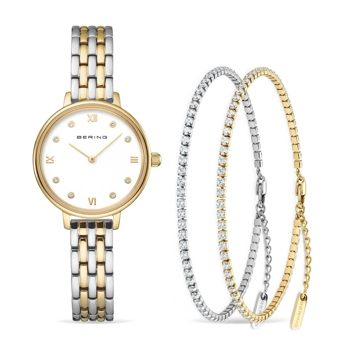 Orologio da donna Bering con cassa dorata, quadrante bianco e bracciale in acciaio bicolore.