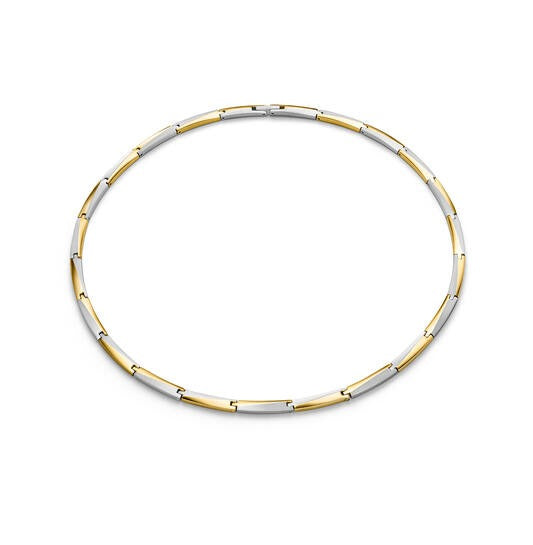 Collana in titanio bicolore con elementi argentati e dorati, design elegante e lineare.