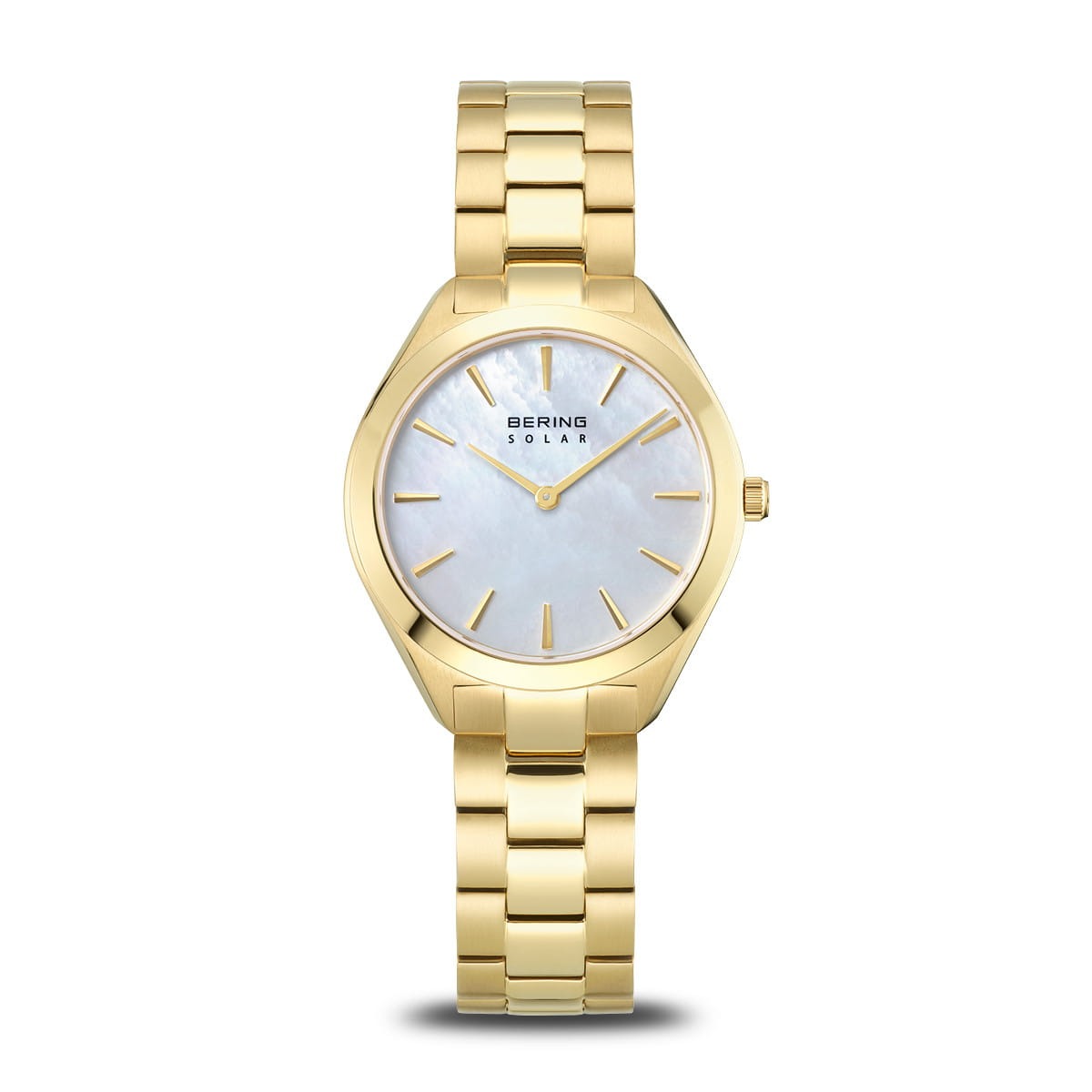 Orologio da donna Bering con cassa dorata, quadrante madreperla e bracciale in acciaio.