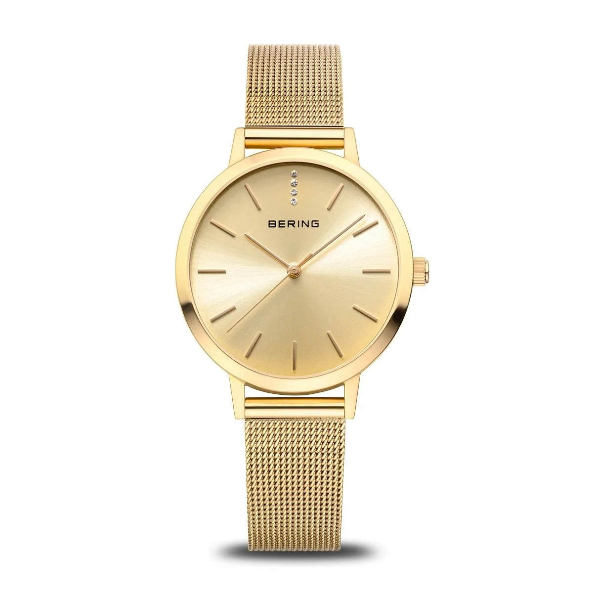 Orologio da donna con quadrante dorato e cinturino in maglia rolò dorata.