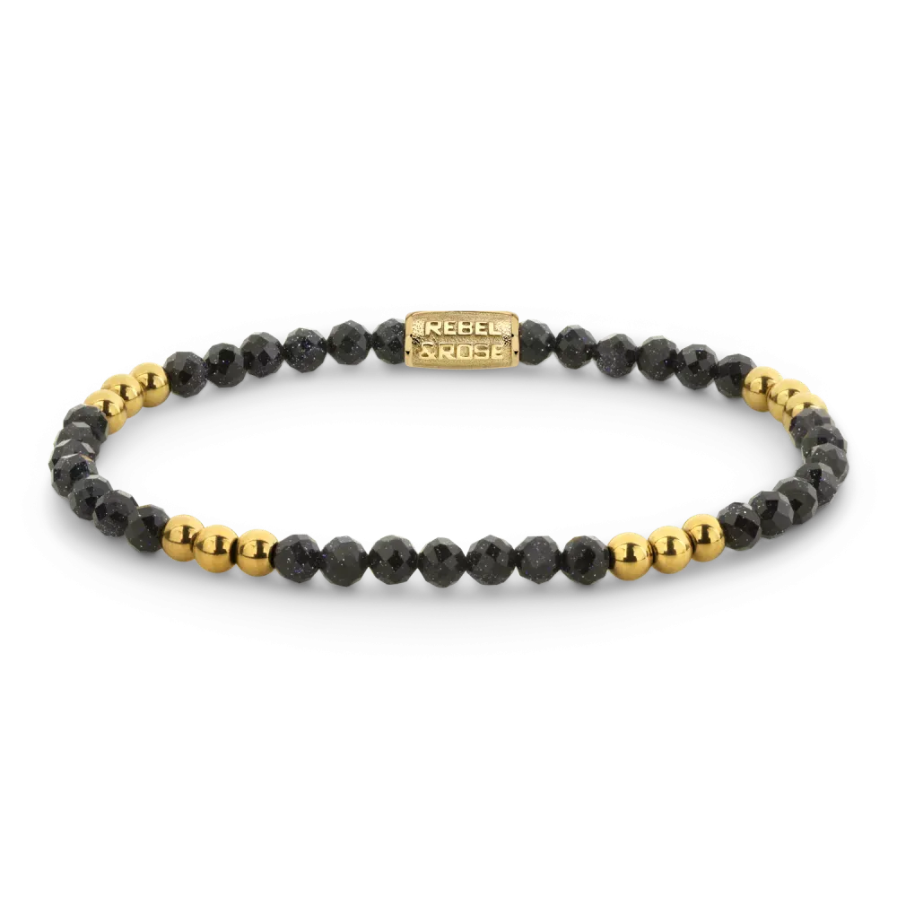 Bracciale in pietre nere e sfere in oro giallo, con chiusura in metallo.