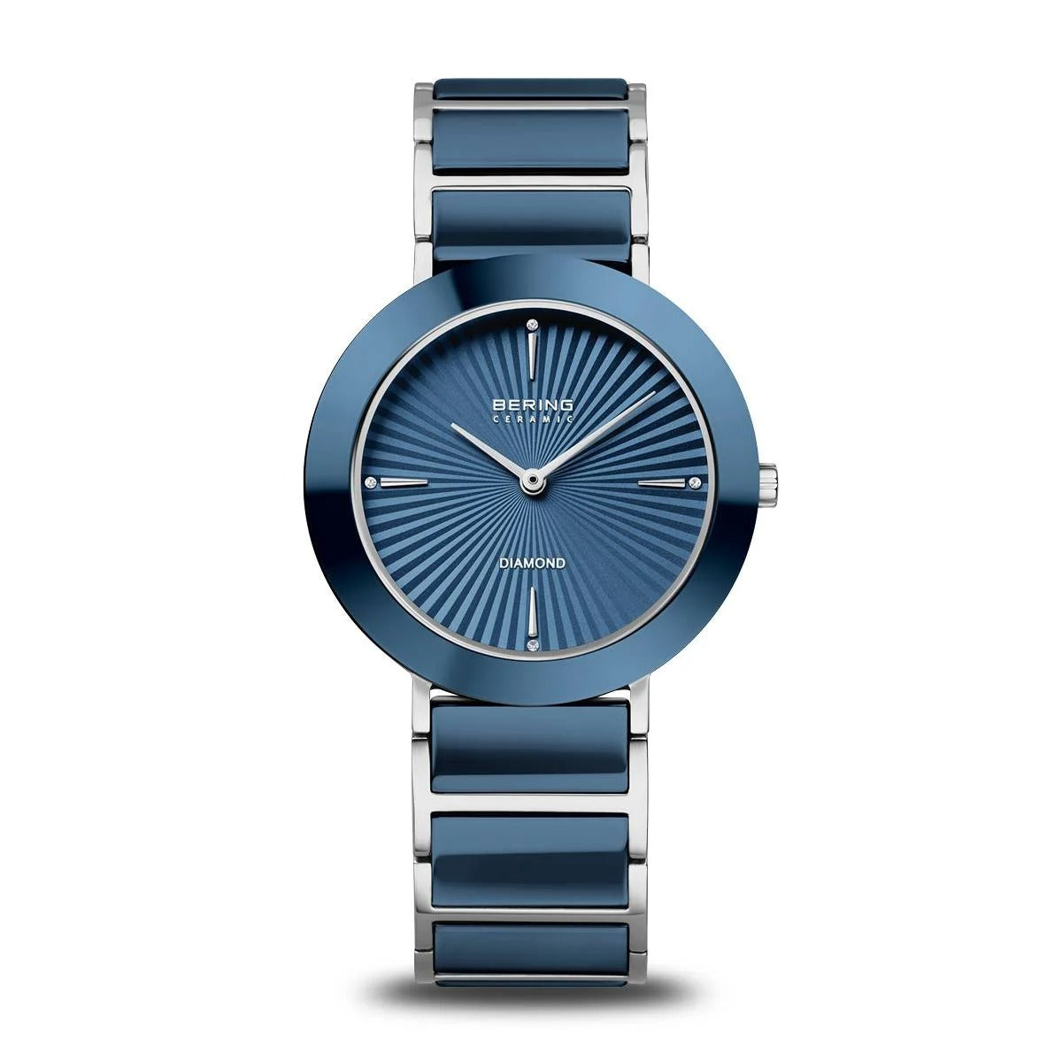 Orologio Bering in ceramica blu con quadrante a righe e cinturino in acciaio.