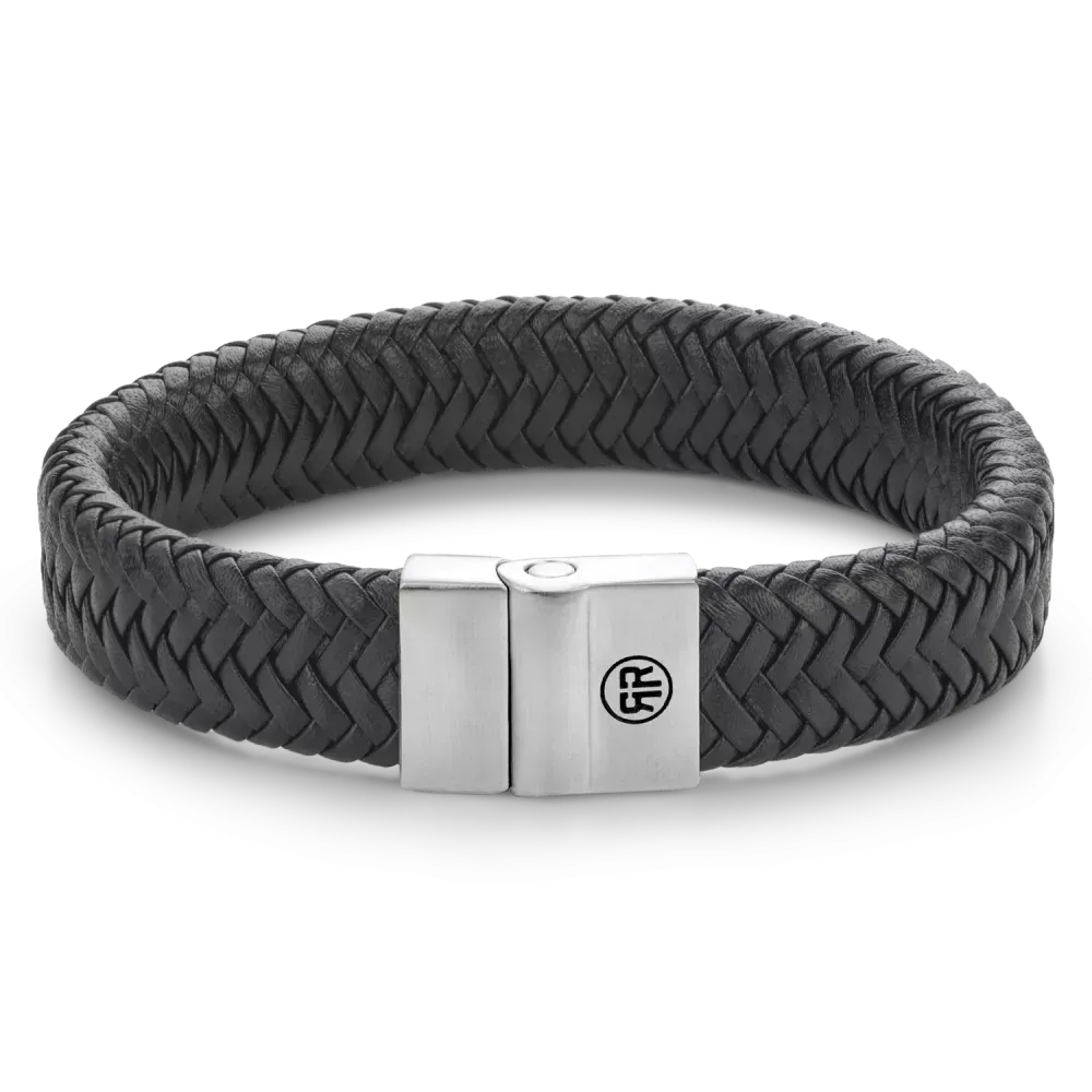 Bracciale in metallo nero opaco con trama intrecciata, chiusura in acciaio lucido.