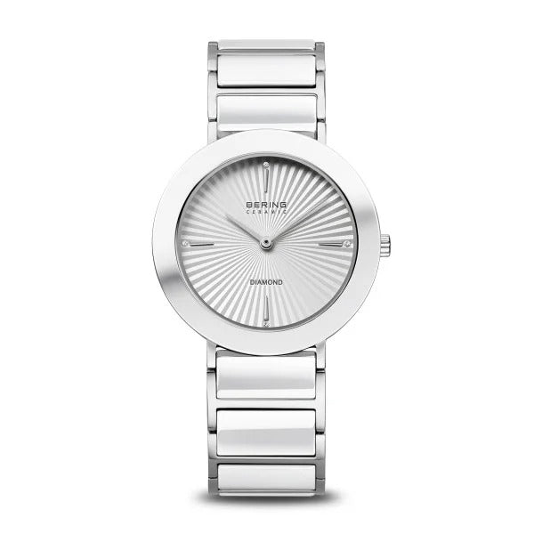 Orologio da donna Bering in ceramica, argento con quadrante bianco e bracciale in ceramica.