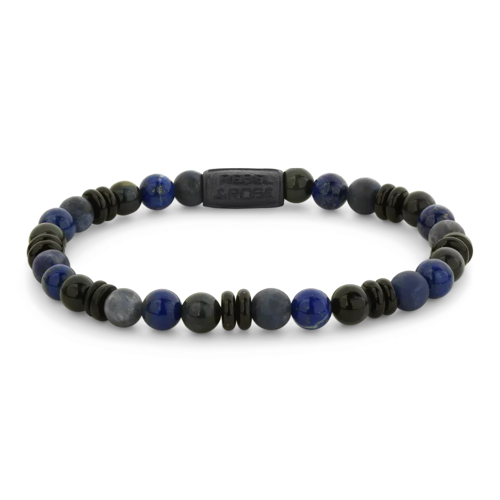 Bracciale da uomo con perle di diverse tonalità di blu e dettagli neri, di 6 mm.