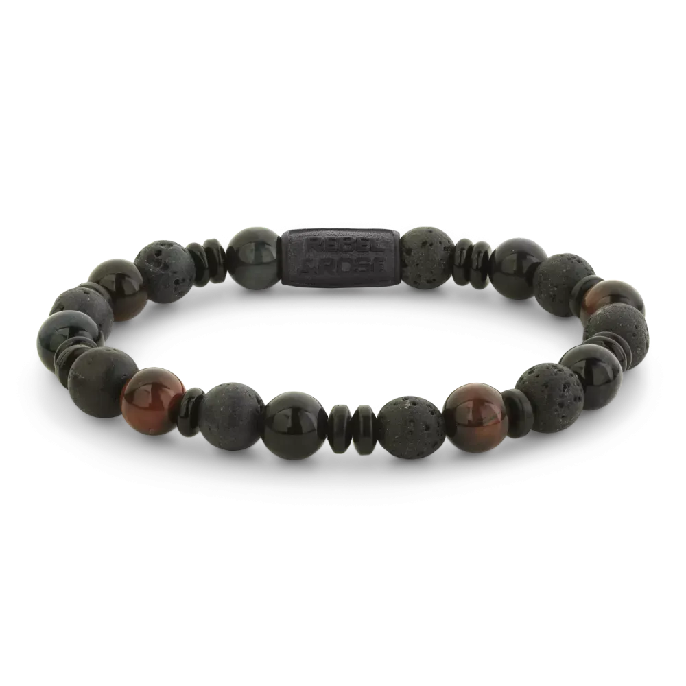 Bracciale in pietre nere da 8 mm con dettagli in varie sfumature di nero e marrone.
