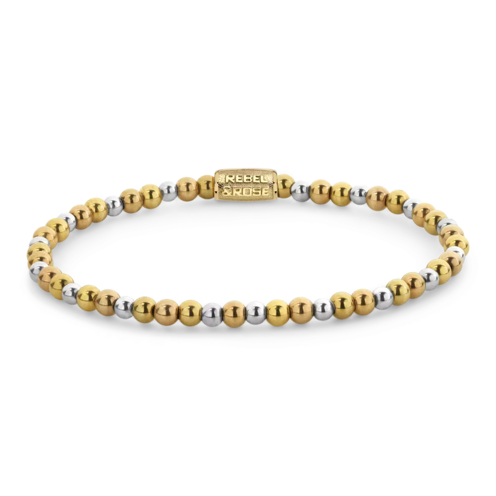 Bracciale in tricolore con perline dorate, argentate e bianche.