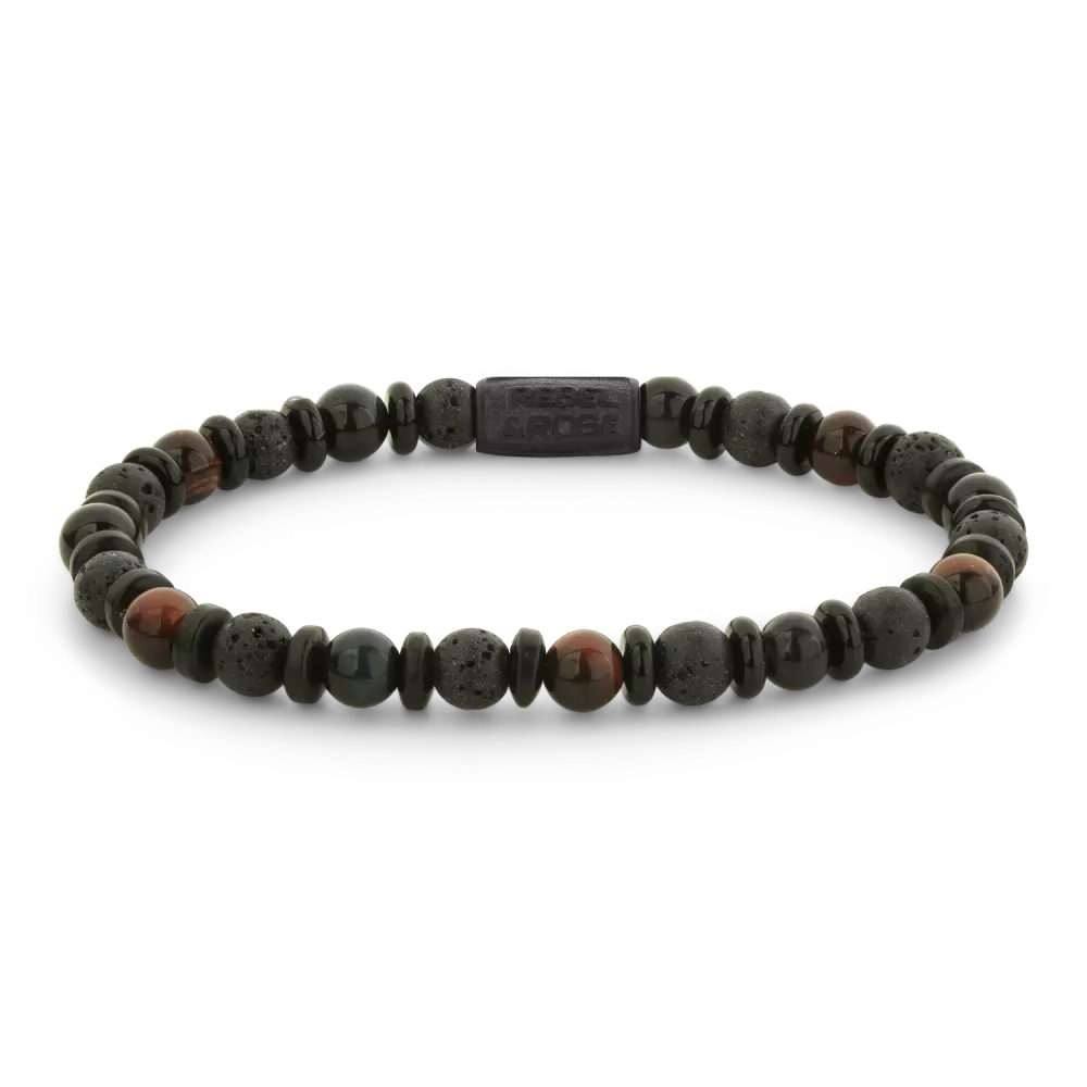 Bracciale in pietre nere e rosse, con perle di diverse forme e dimensioni.