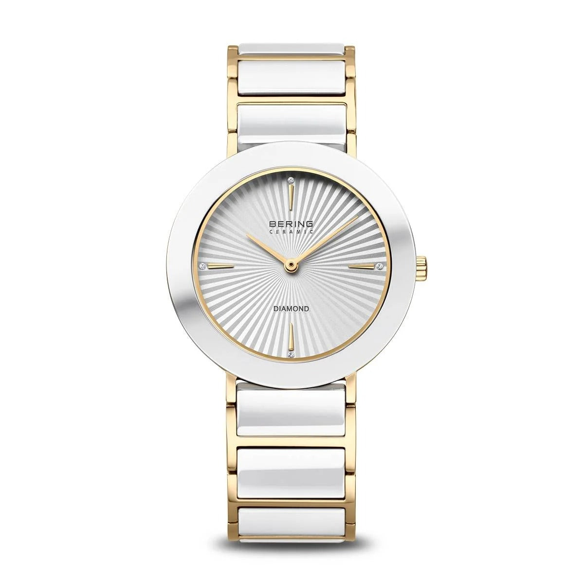 Orologio Bering in ceramica bianca con cassa argentata e dettagli dorati, quadrante con motivo a raggi.