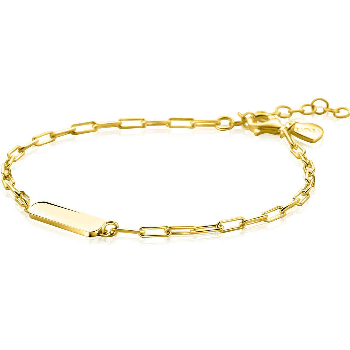 Gouden armband van verguld staal met een schakelontwerp en een rechte, glanzende plaat.