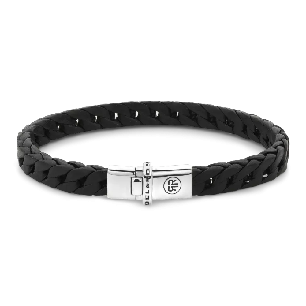 Bracciale in pelle intrecciata nera con chiusura in acciaio inox.