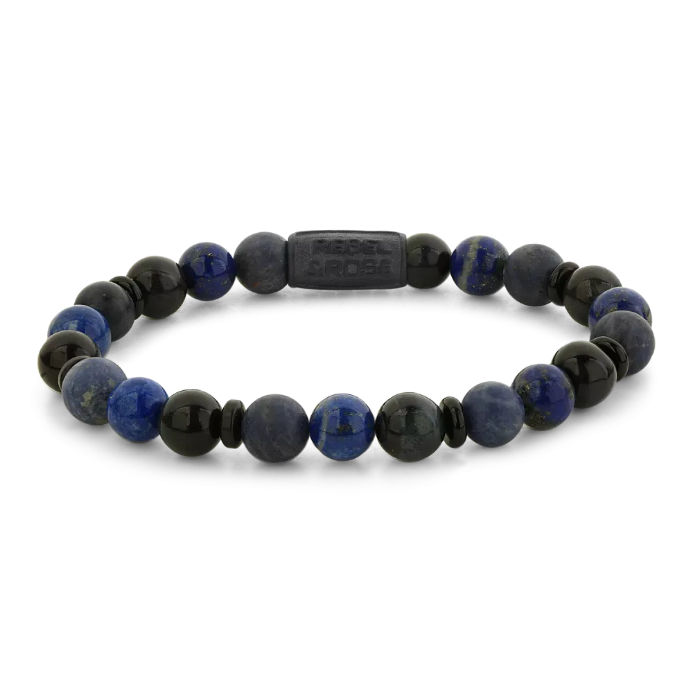 Bracciale in pietre blu da 8 mm con dettagli neri, composto da sfere di lapislazzuli e onice.