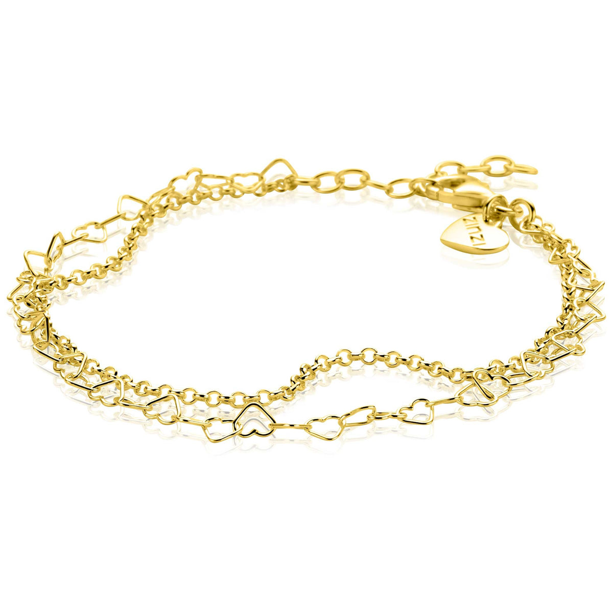 Bracciale in maglia dorata con pendenti a forma di cuore e chiusura a moschettone.