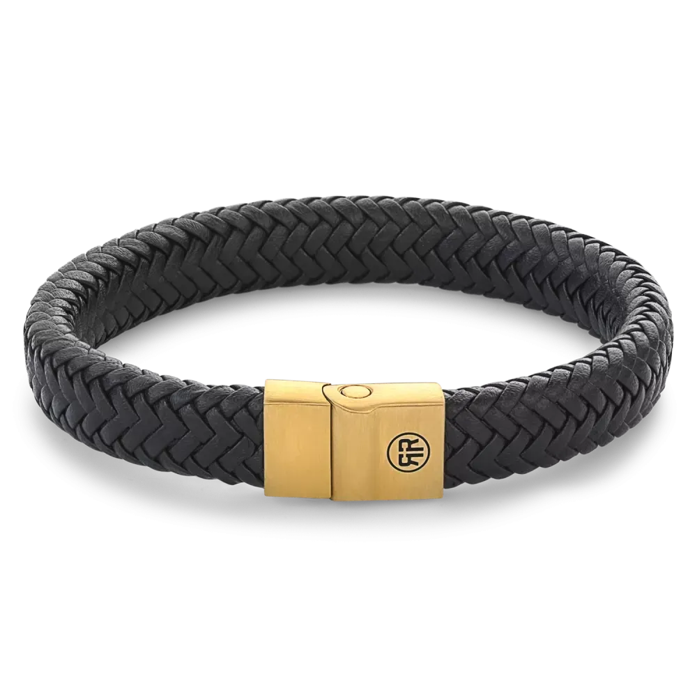 Bracciale in metallo nero con motivo herringbone e chiusura dorata.