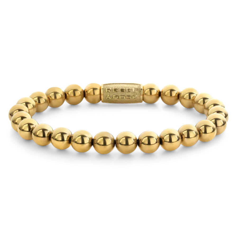 Bracciale da donna con perle dorate di 8 mm, finitura lucida e chiusura distintiva.