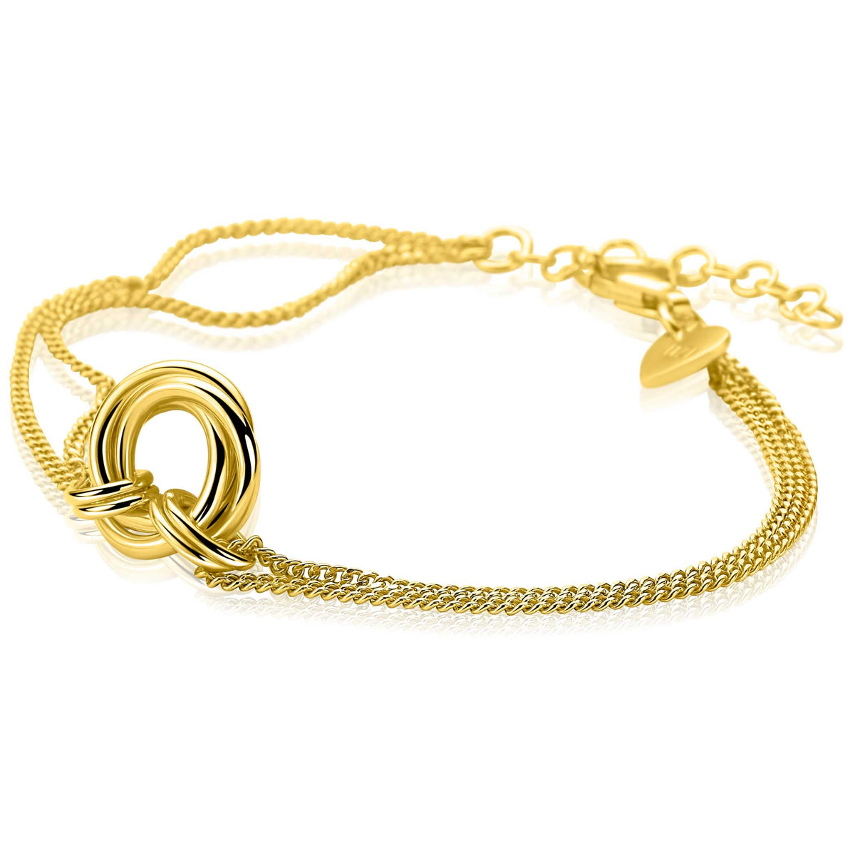 Bracciale in maglia rolò dorata con un nodo centrale e chiusura a moschettone.