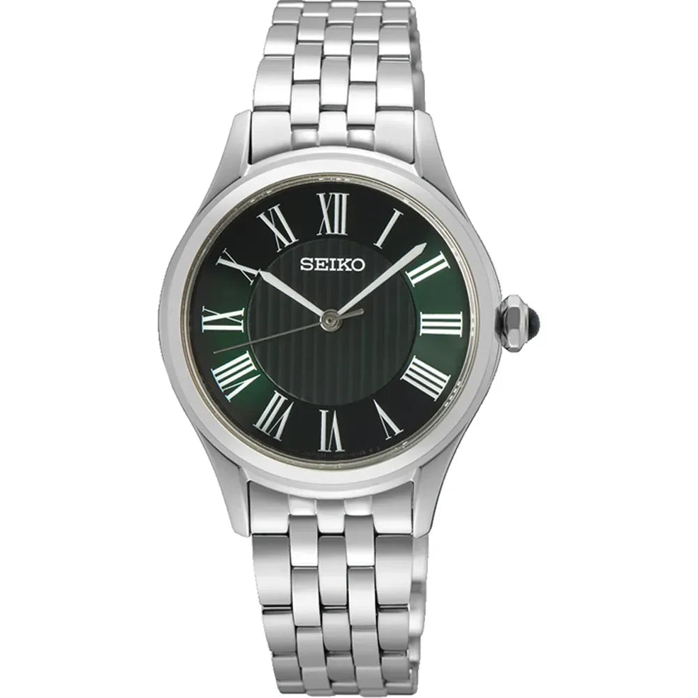 Orologio da donna Seiko con cassa argentata, quadrante verde e bracciale in acciaio inox.