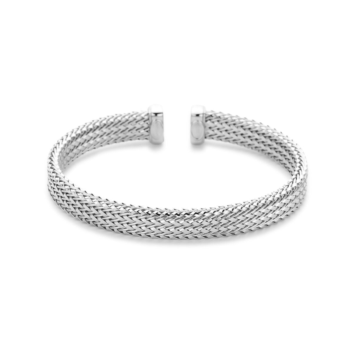 Bracciale in argento 925 rodiato, di forma aperta, con intreccio a maglia.