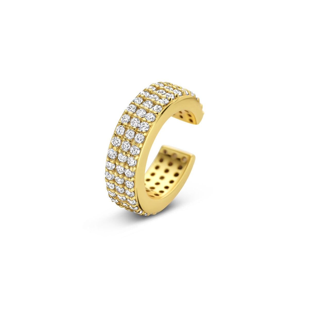 Ear cuff in argento dorato con zirconi, design semplice e luminoso.