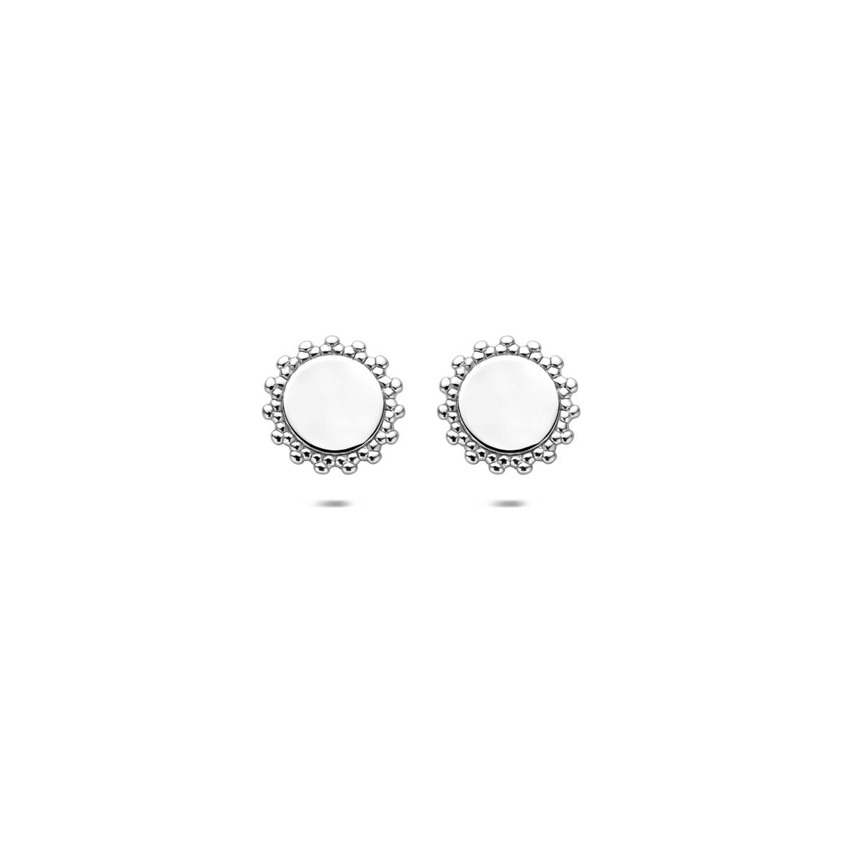 Orecchini rotondi in argento rodiato di 7,5 mm con dettagli a pallini.