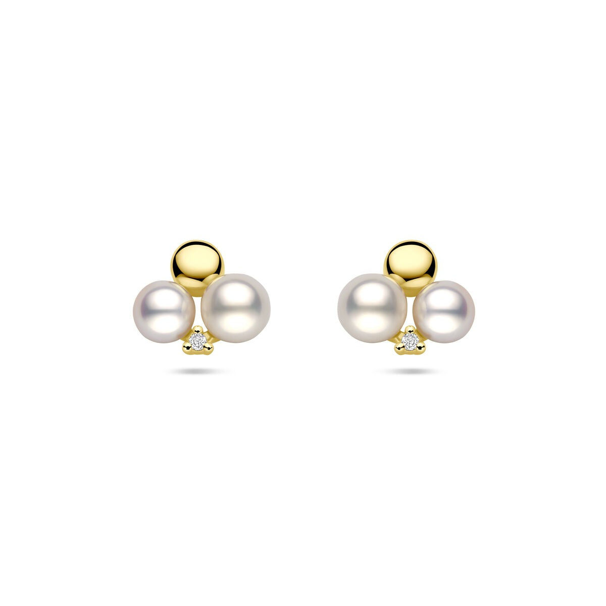 Orecchini in oro con perla e diamante, due perle bianche da 9 mm e diamante da 0,02 ct.