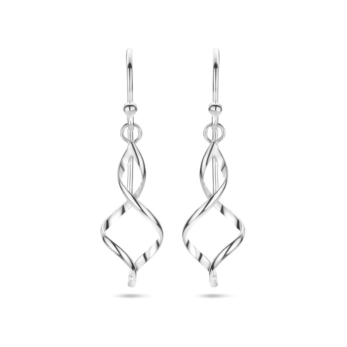 Orecchini argentati in argento 925, con design a spirale e finitura rodiata.