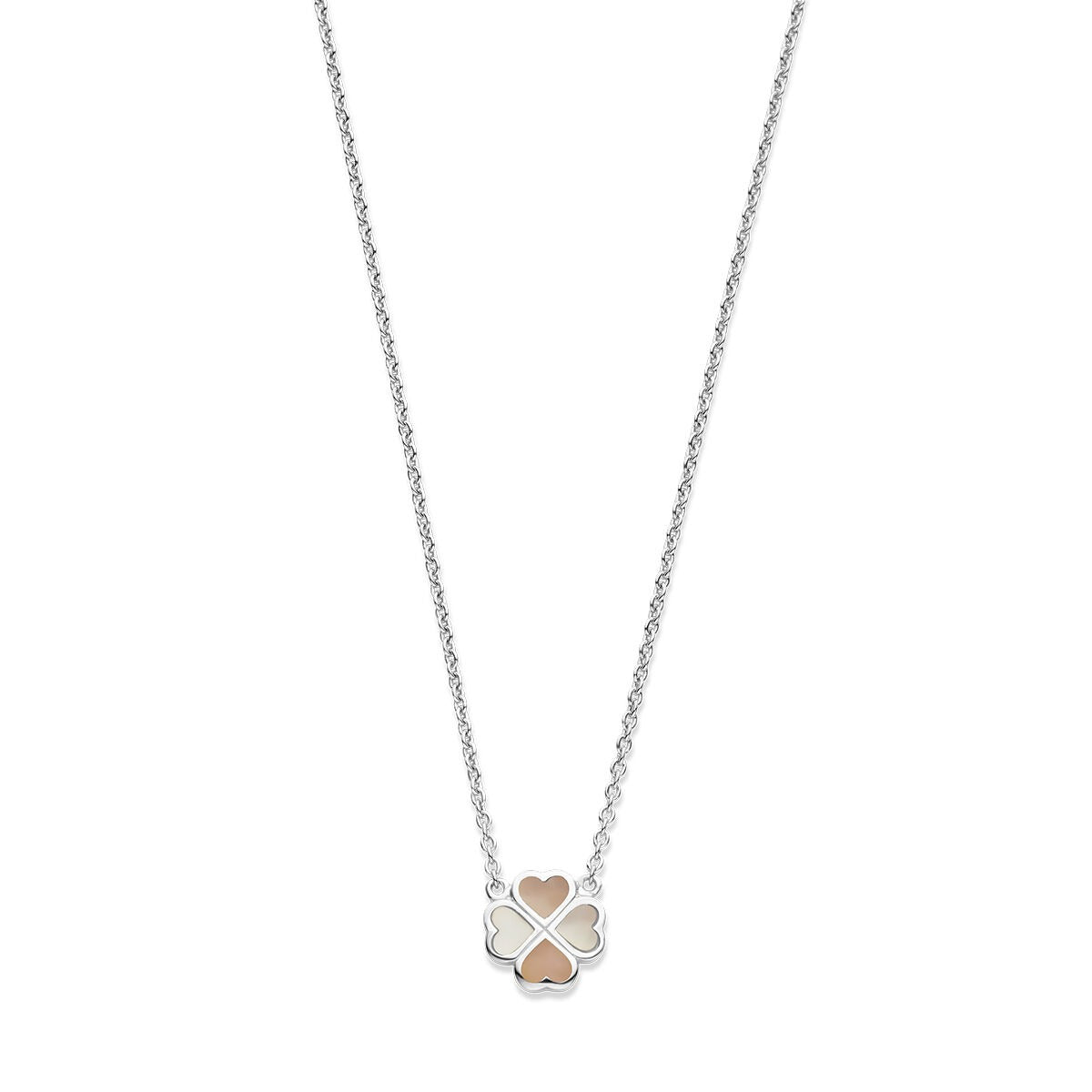 Collana per bambini in argento con ciondolo a forma di quadrifoglio, rodiata con madreperla rosa e bianca.