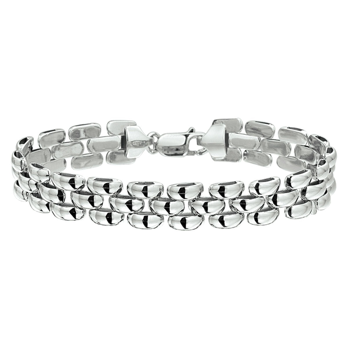Bracciale in argento rodiato 925 con motivo a pantera, composto da tre file di maglie ovali.