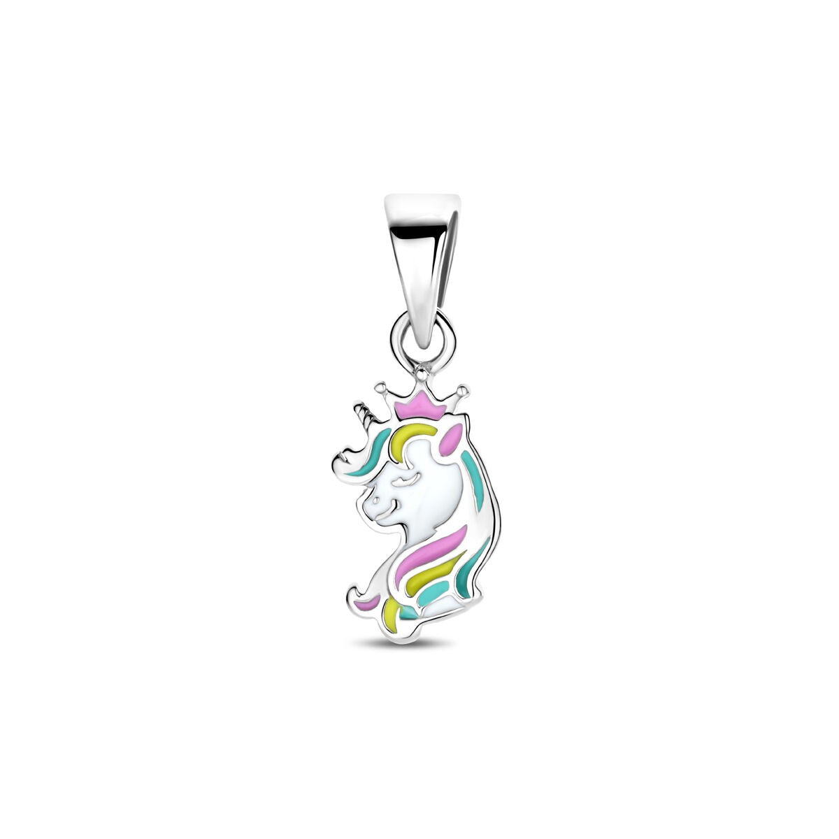 Ciondolo per bambini in argento con un unicorno colorato di 16 mm.