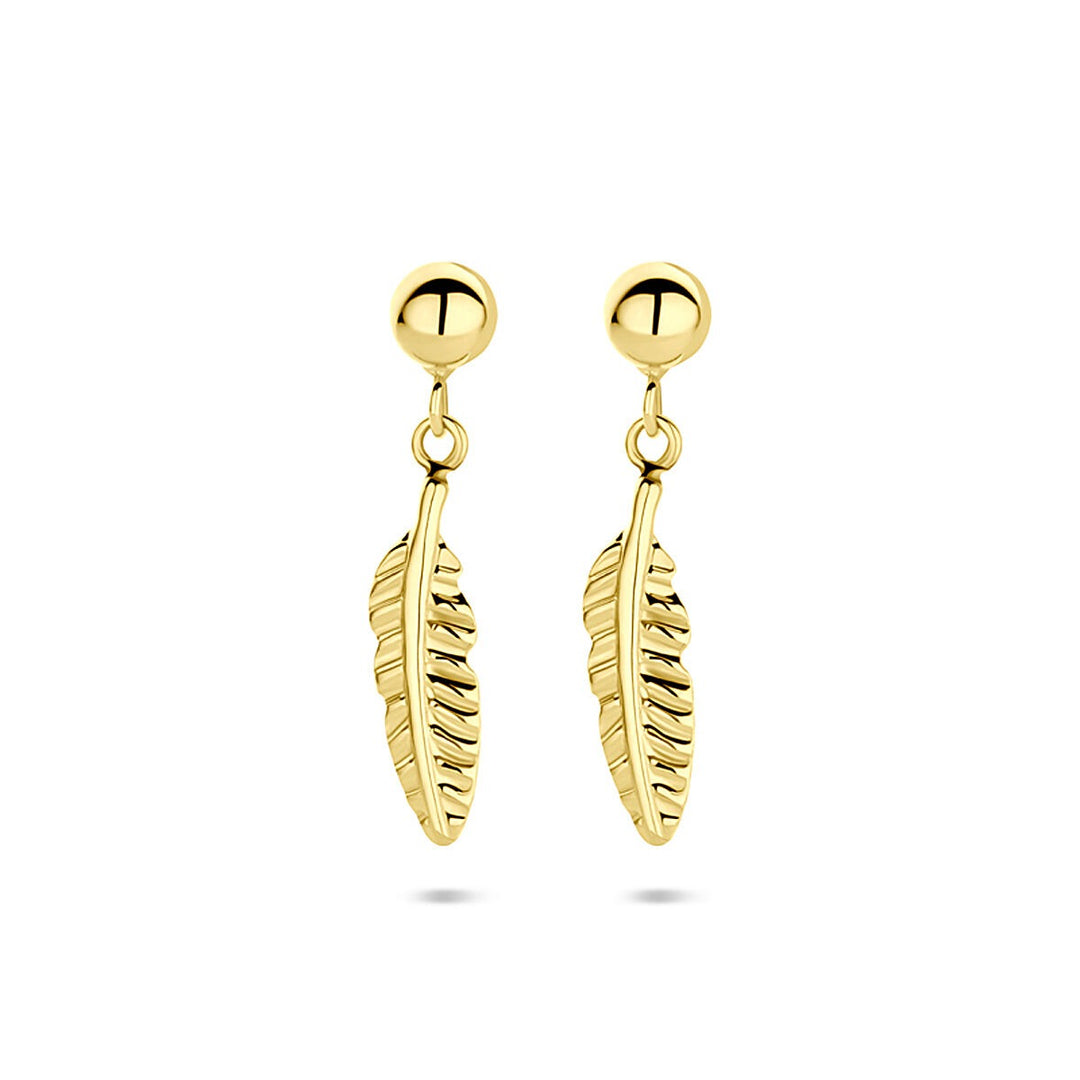 14k Geelgouden oorhangers in veervorm 17mm