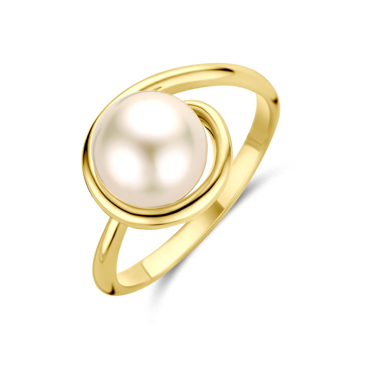 Anello in oro giallo 14k con una perla centrale.
