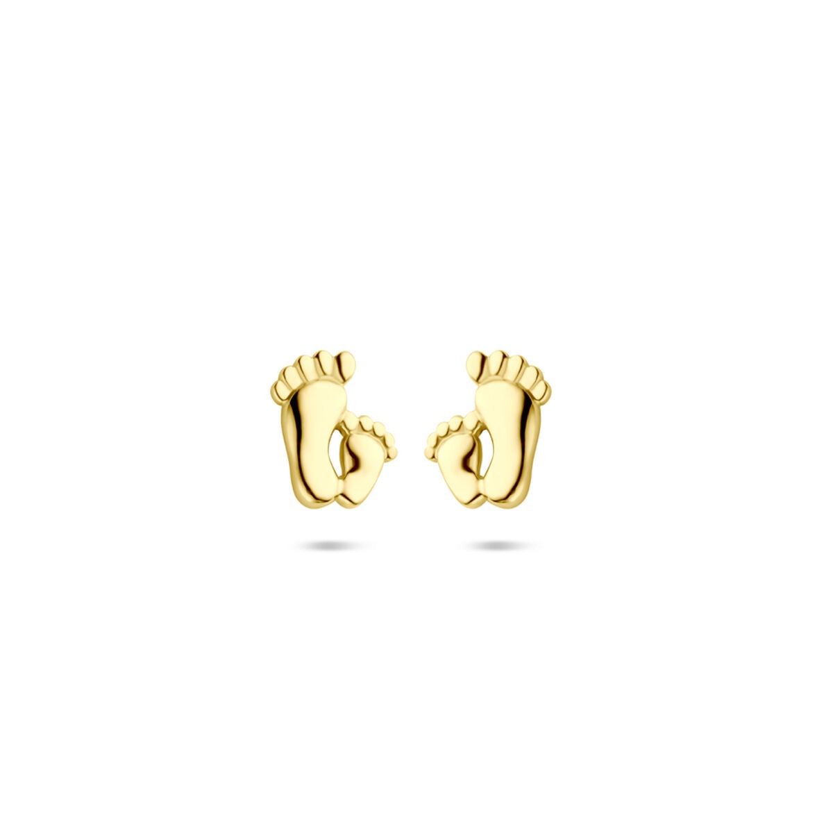 Orecchini in oro giallo 14k a forma di piedini di bambino.