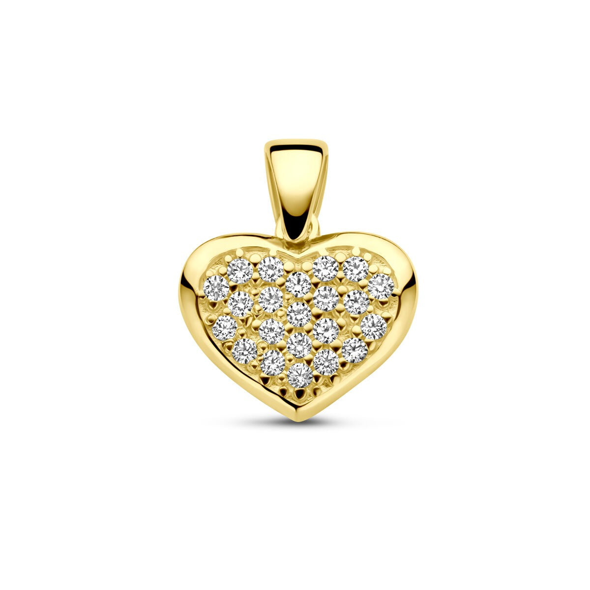 Ciondolo a forma di cuore in oro giallo 14k, decorato con zirconi brillanti.