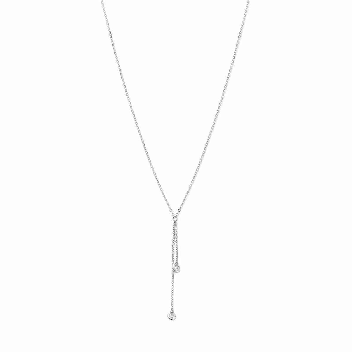 Collana Y in argento 925 rodiato con zircone, con pendenti a goccia.