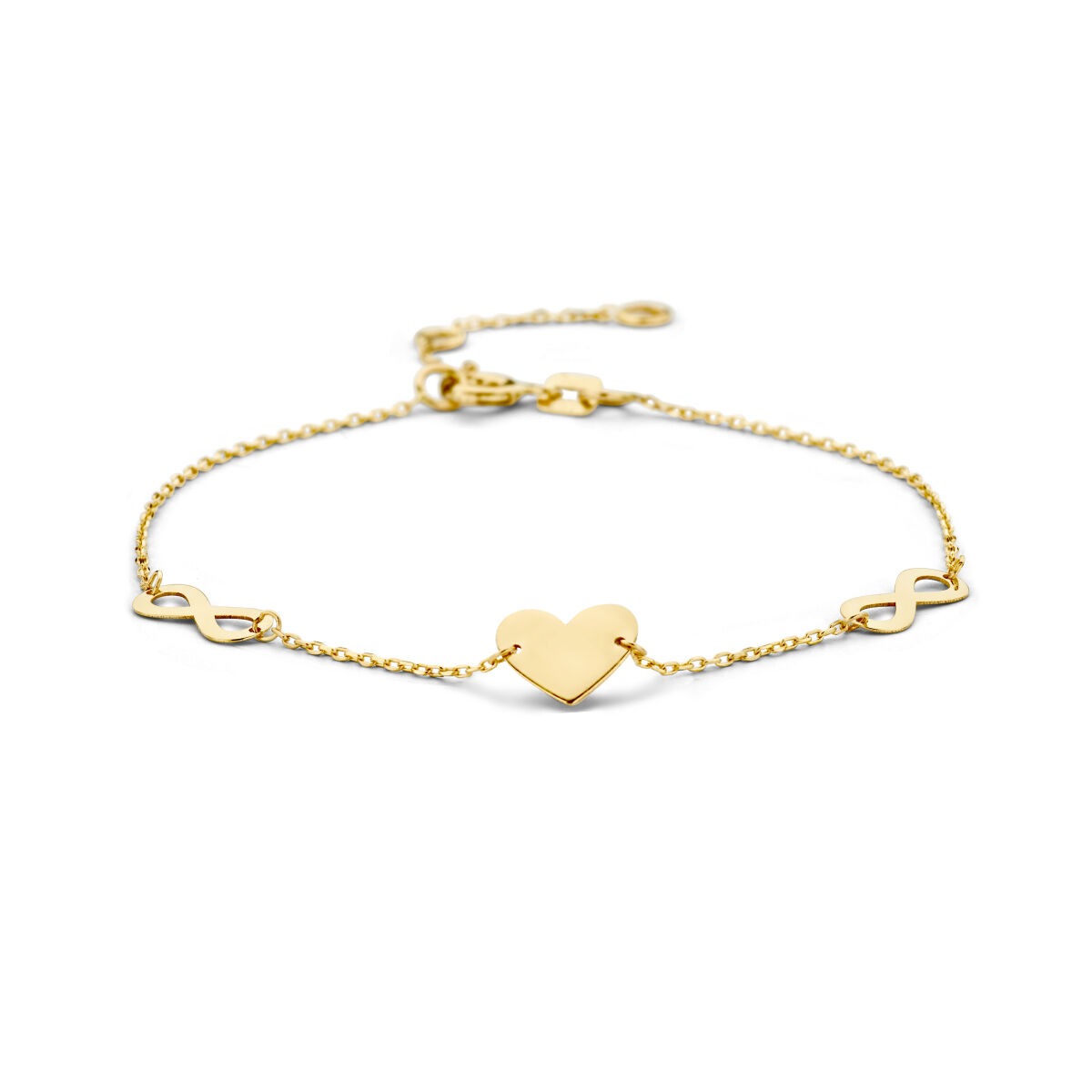 Bracciale in oro giallo 9k con cuore e simbolo dell'infinito.