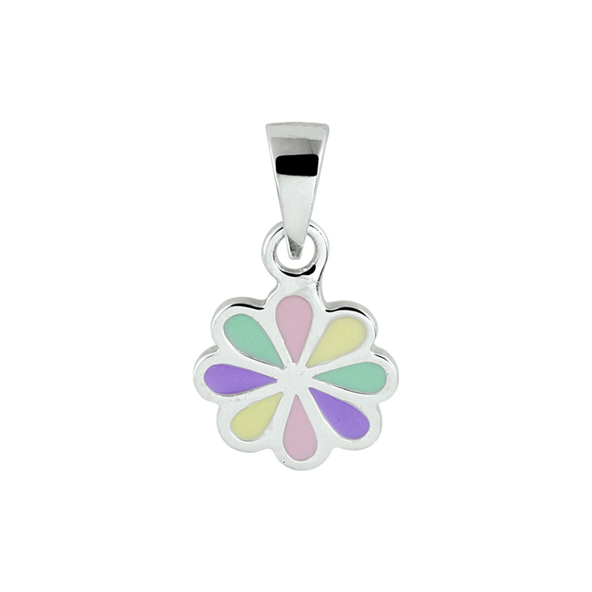 Zilveren bloem hanger met kleurrijke emaille in pastelkleuren, bestaande uit zes bloemblaadjes.