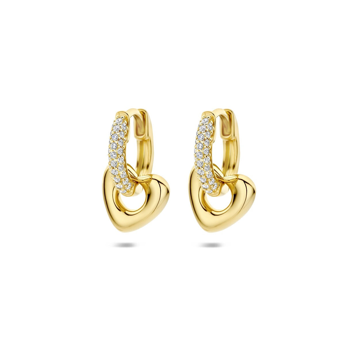 Orecchini dorati in argento con cuore e zirconi.