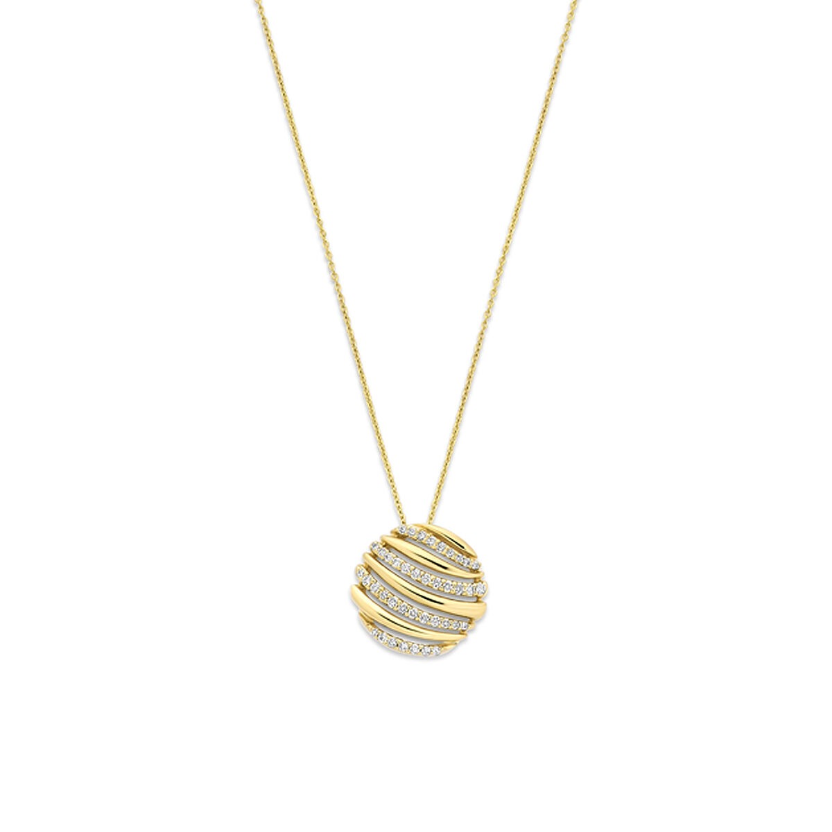 Geelgouden collier met een ronde hanger, versierd met diamantjes in golvende lijnen.