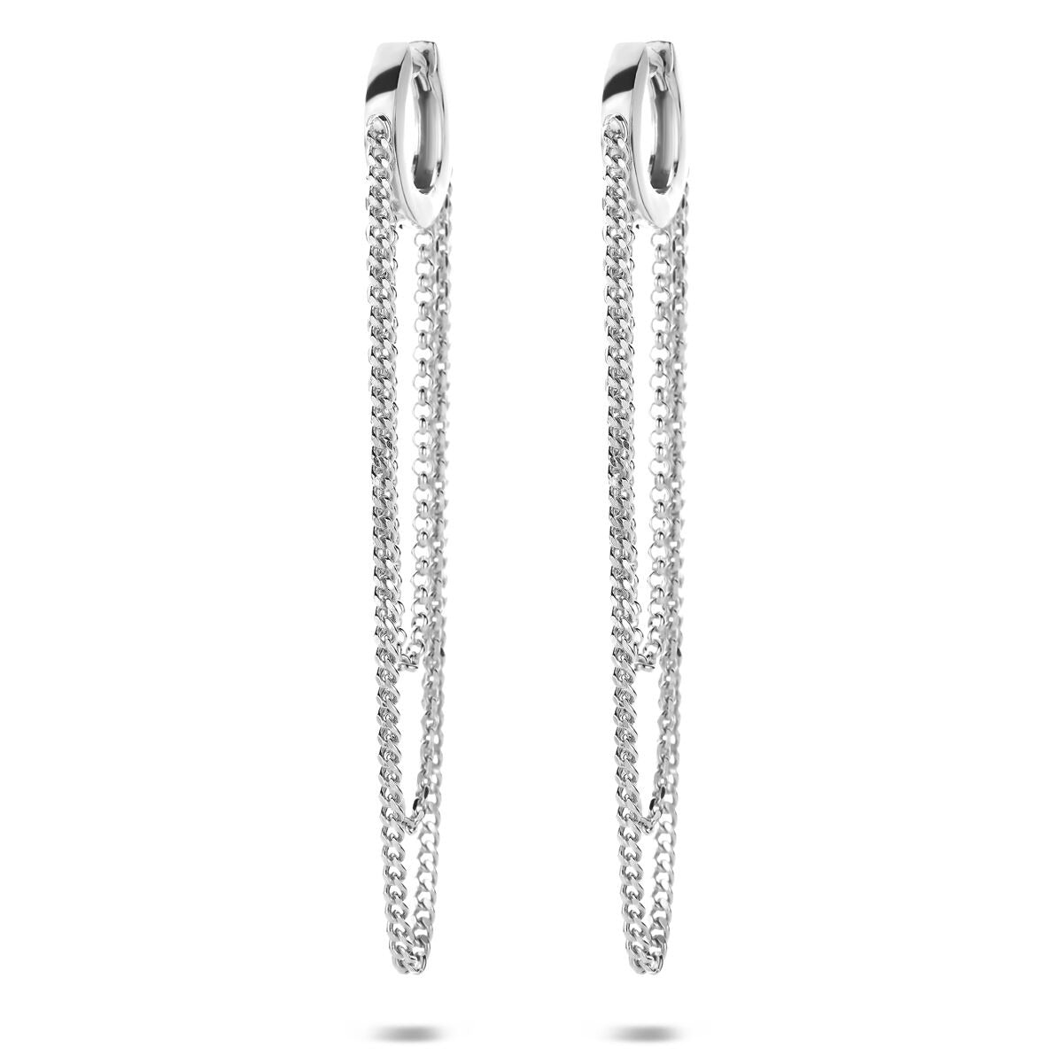 Orecchini pendenti in argento 925 rodiato con catena sottile e design allungato.
